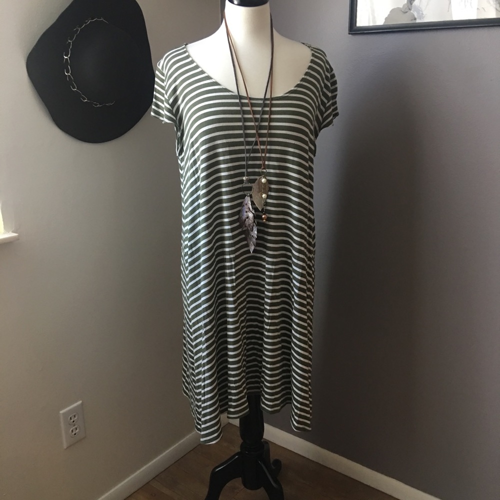 Olive and cream striped T-shirt dress